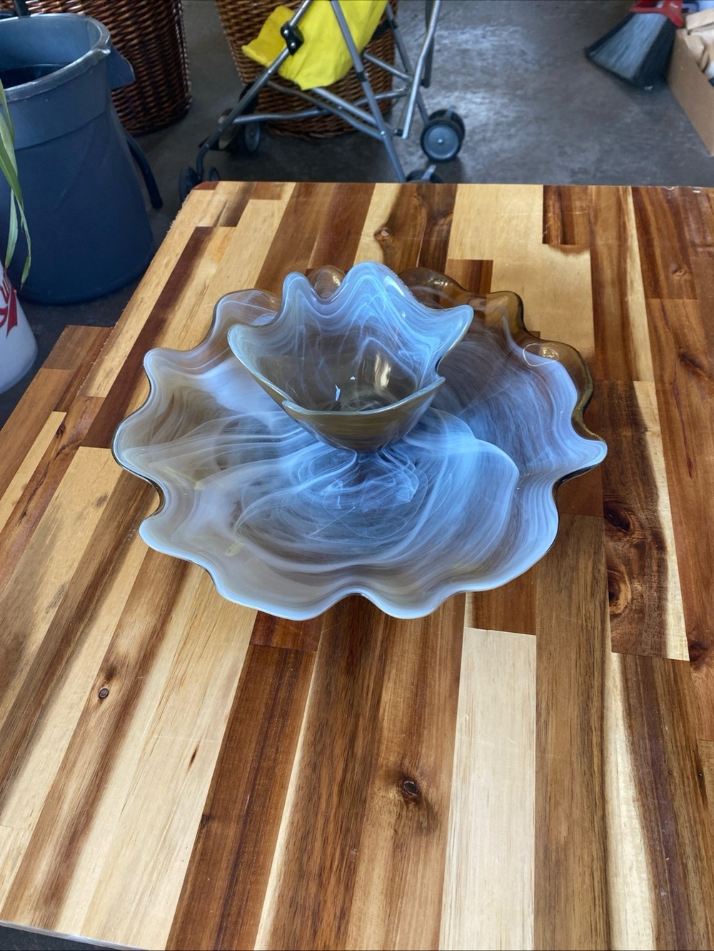 Art Glass Chips & Dip Bowl Set Amber White Swirl Recycled Spain 13”